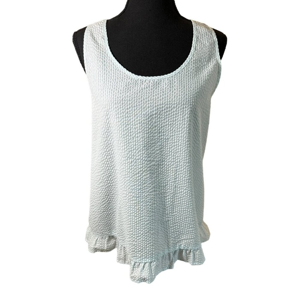 Alya Light Blue Seersucker Sleeveless Tank Top Ruffle Hem Bow Back Cottage Core